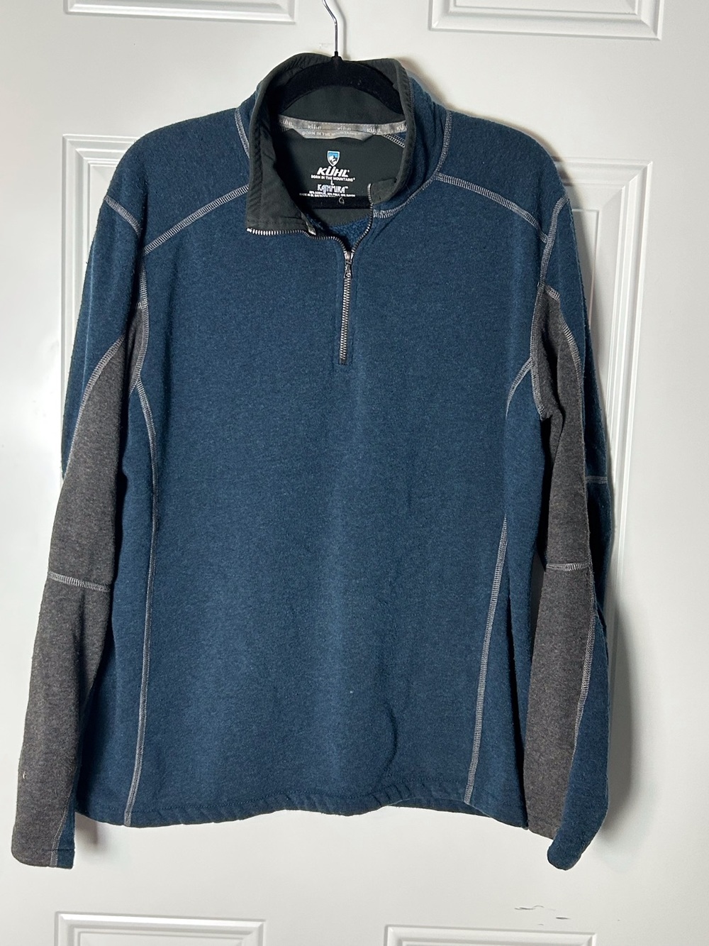 Kuhl Men’s L Kashmira Navy Gray 1/4 Zip-Up Pullover Sweater Utility Activewear